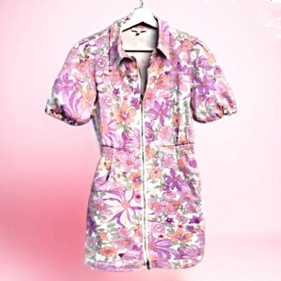 Skies are Blue Floral Cotton Twill Short Dress Puff Sleeves Retro - Picture 2 of 9